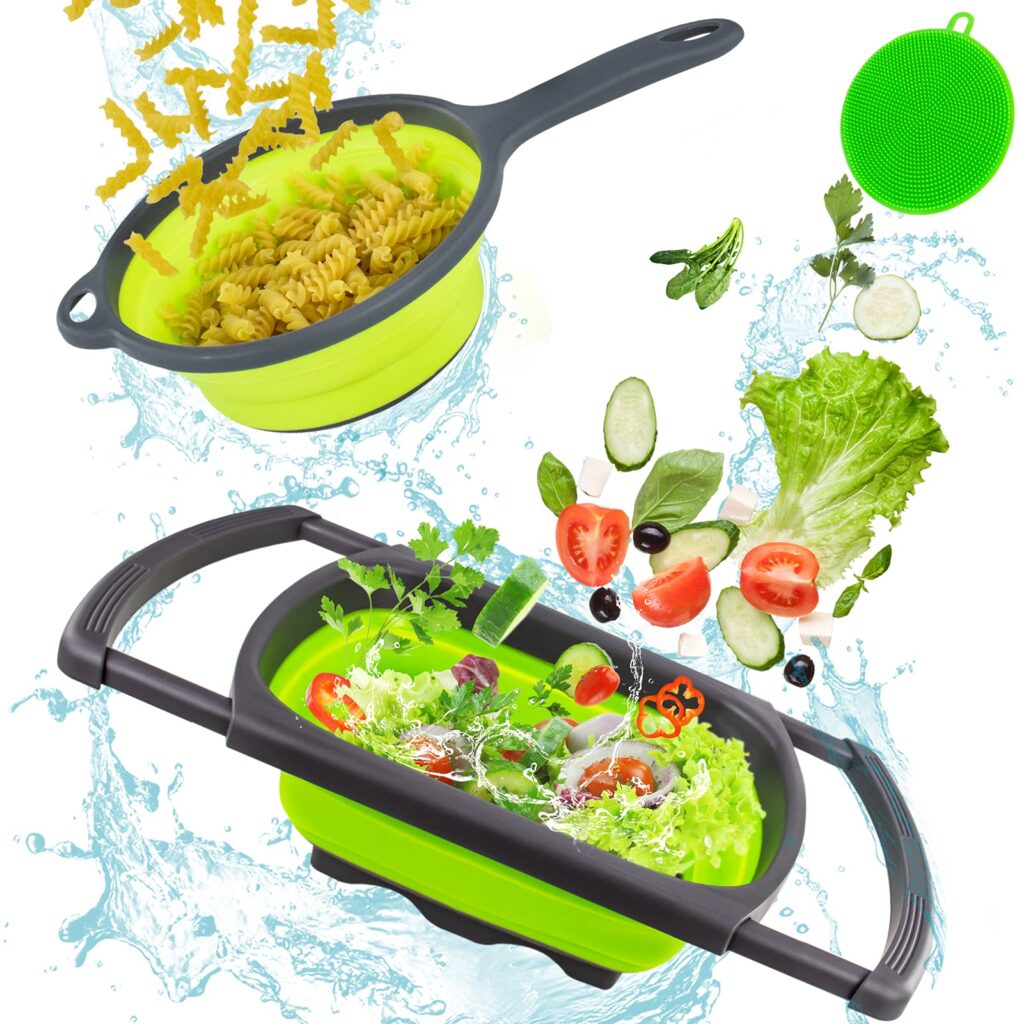 Vegetables being thrown in a collapsible colander