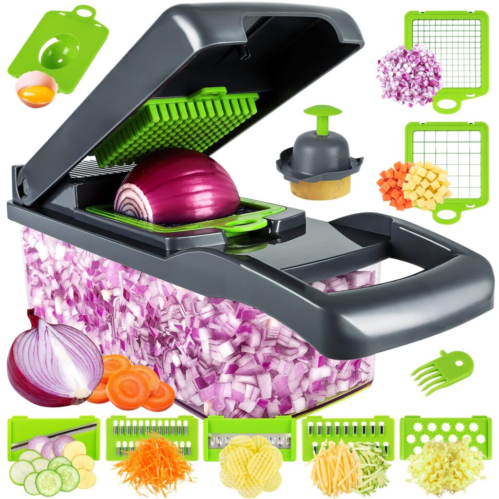 Picture showing vegetable chopper in use and the eight blades it comes with