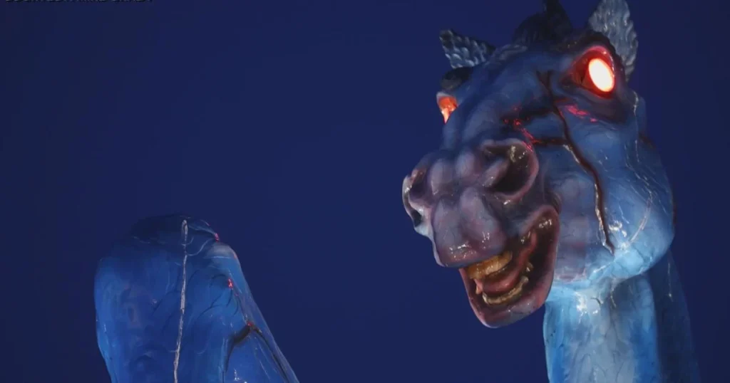 The Blue Mustang's eyes glow at night, watching us.